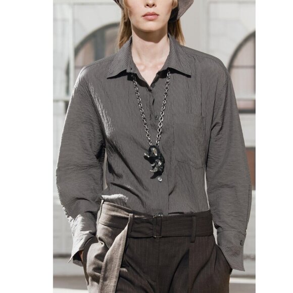 Zara Striped Pocket Modal Long Sleeve Shirt Size Small - Picture 1 of 6